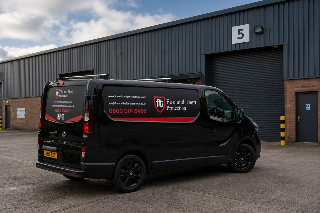 Fire and security engineer installing a commercial system in Worcestershire