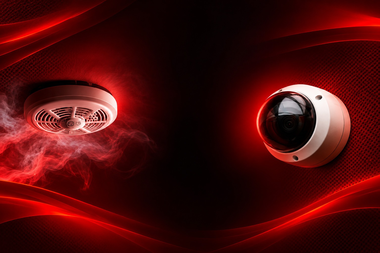 Fire alarm smoke detector and CCTV camera protecting a commercial property